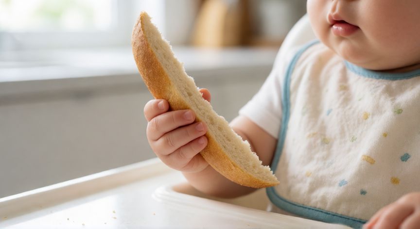 como hacer pan para bebe de 6 meses, Manos de bebé agarrando una barra de pan suave y blanda durante la alimentación
