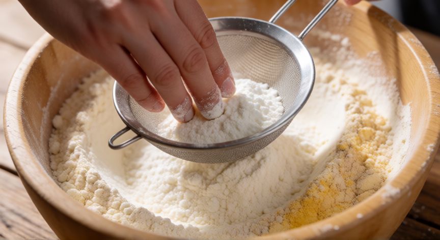 como hacer pan para celiacos, Mezclando harinas sin gluten y goma xantana en un bol de madera para preparar pan