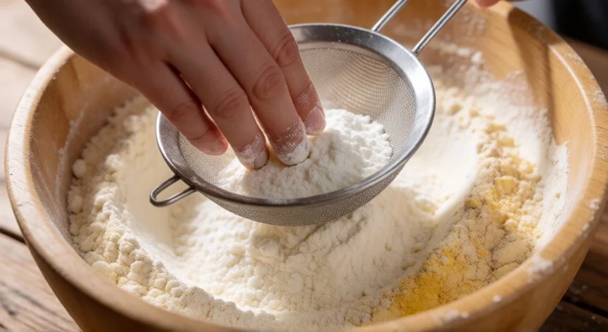 Mezclando harinas sin gluten y goma xantana en un bol de madera para preparar pan