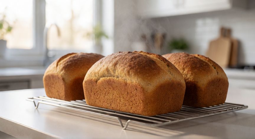como hacer pan para celiacos, Pan sin gluten recién horneado enfriándose sobre una rejilla metálica