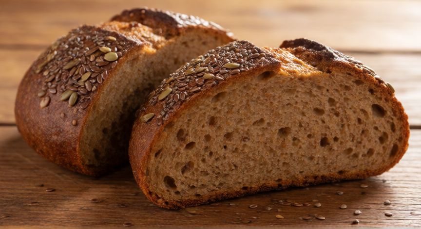 como hacer pan para diabeticos, Pan integral casero con semillas de lino y chía cortado mostrando la miga