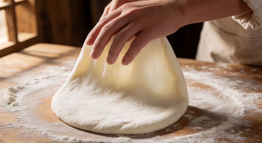 como hacer pan para wraps, Manos estirando masa de pan para wraps en superficie enharinada
