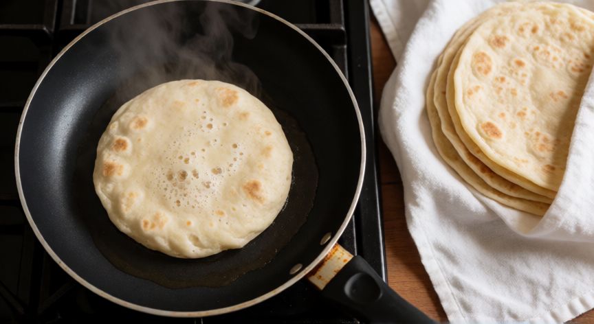 como hacer pan para wraps, Cocinando un wrap en sartén antiadherente con vapor subiendo