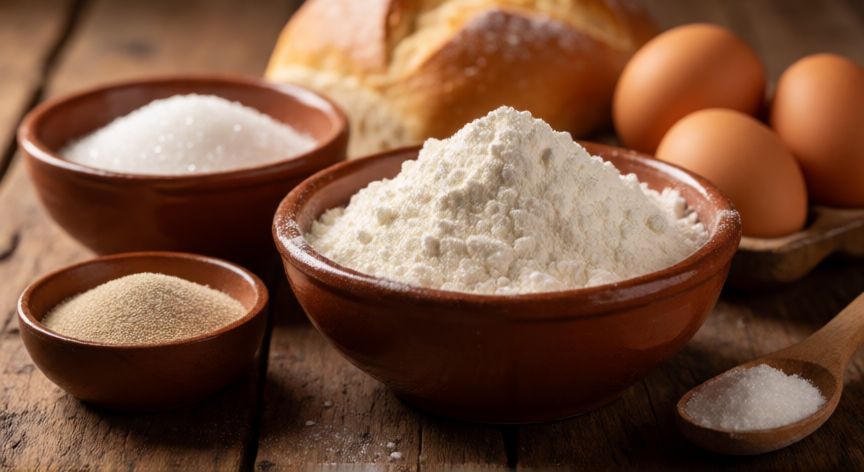 como hacer pan piñita venezolano, Ingredientes para preparar masa de pan piñita venezolano sobre mesa de madera
