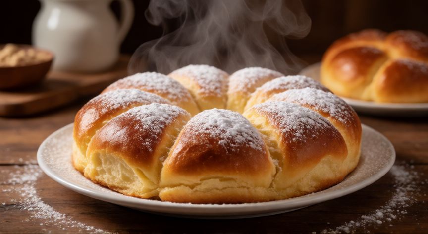 como hacer pan piñita venezolano, Pan piñita venezolano recién horneado espolvoreado con azúcar glass en un plato blanco
