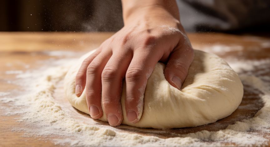como hacer pan pizza, Manos amasando masa de pan pizza sobre mesa de madera con harina