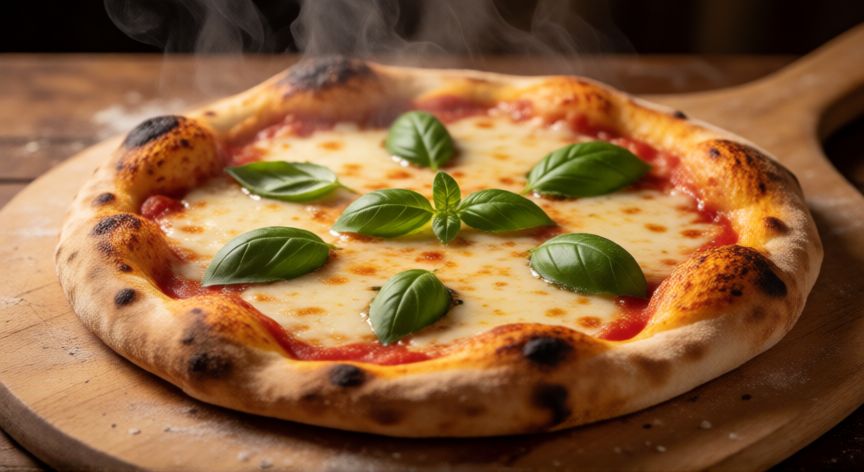 como hacer pan pizza, Pizza casera recién horneada con bordes dorados y queso derretido
