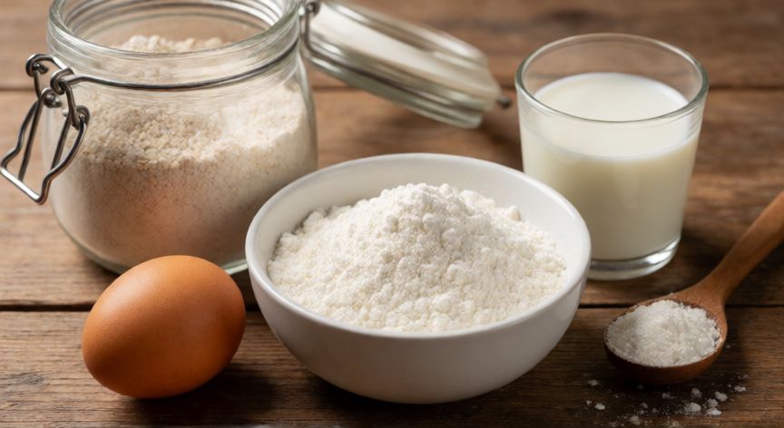 como hacer pan proteico, Ingredientes para hacer pan proteico casero sobre mesa de madera