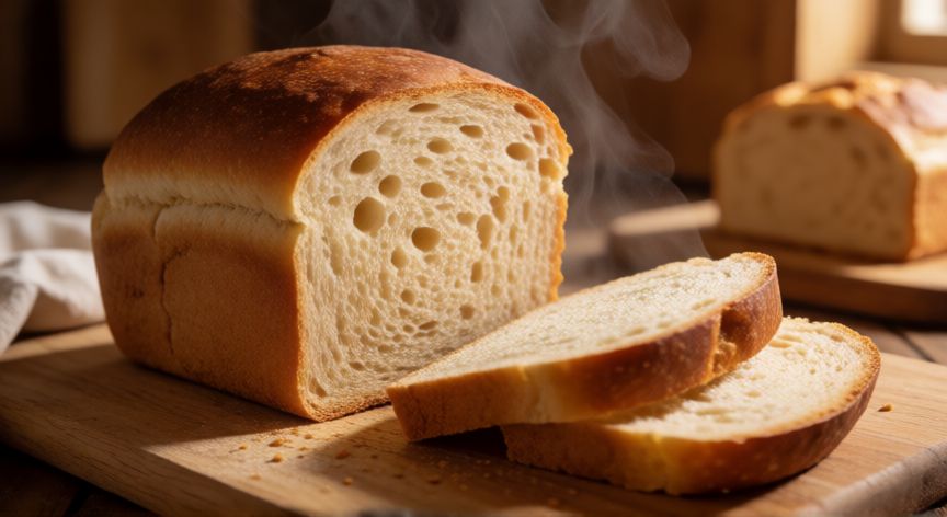 como hacer pan proteico, Pan proteico recién horneado cortado mostrando su textura esponjosa