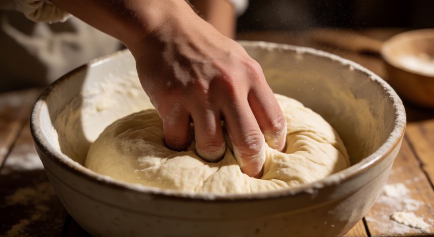 como hacer pan proteico en casa, Manos amasando masa de pan proteico en un bol de cerámica sobre mesa de madera