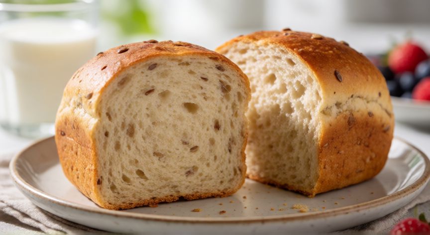como hacer pan proteico sin harina, Pan proteico sin harina recién horneado con textura esponjosa y semillas