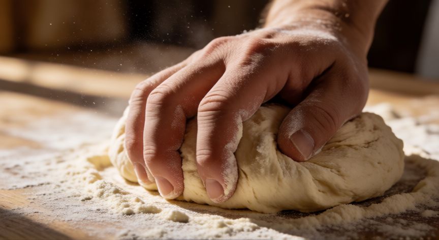 como hacer pan que quede esponjoso, Manos amasando masa de pan sobre superficie de madera con harina