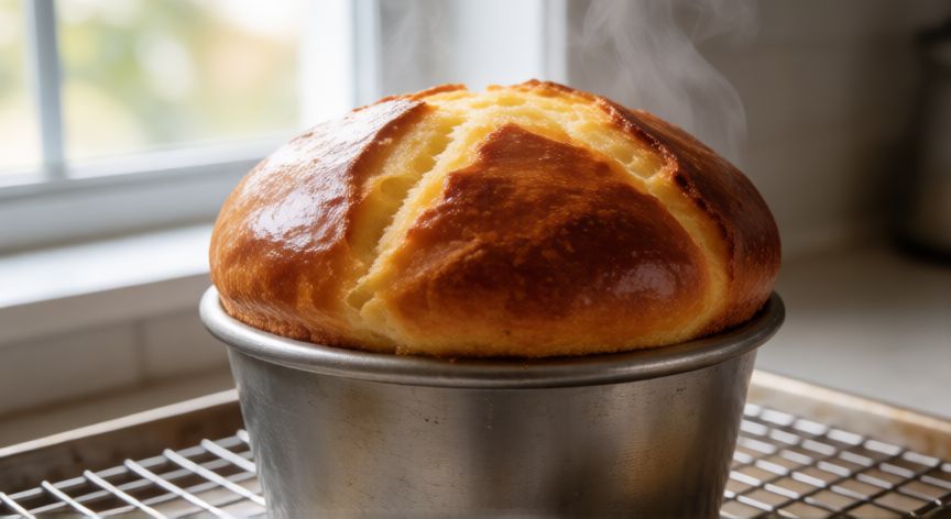 como hacer pan queque, Pan queque recién horneado en molde metálico enfriándose