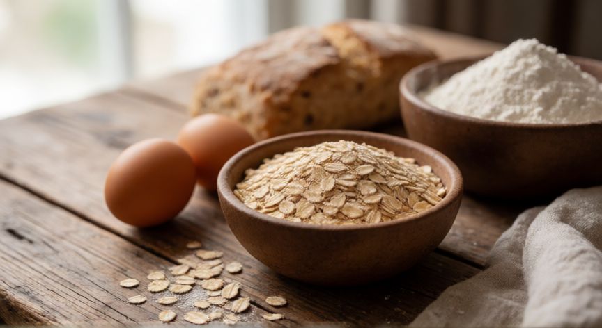 como hacer pan queque de avena, Ingredientes frescos para preparar pan queque de avena sobre mesa de madera