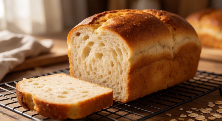 como hacer pan queque de avena, Pan queque de avena recién horneado dorado y esponjoso sobre rejilla metálica