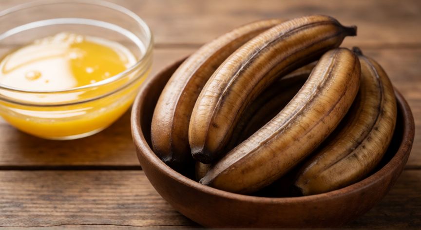 como hacer pan queque de platano, Plátanos muy maduros y huevos listos para preparar la masa del queque