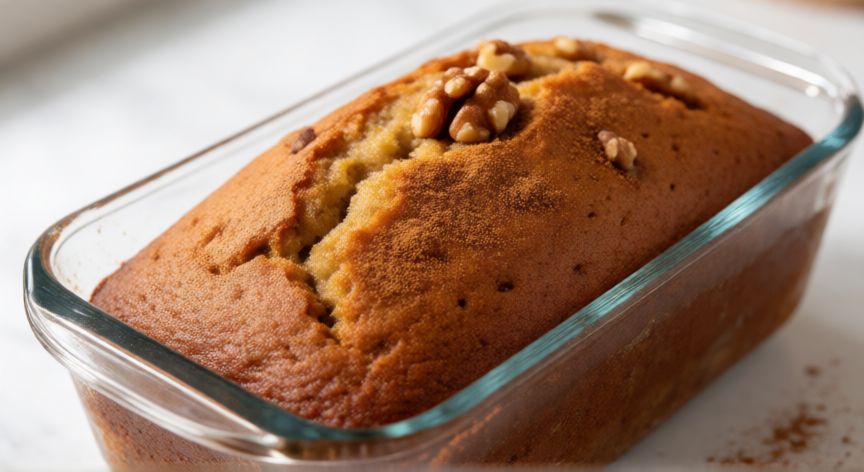 como hacer pan queque de platano, Pan queque de plátano recién horneado con corte dorado y nueces