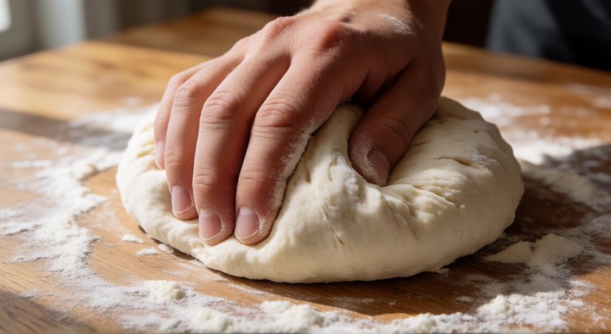 cómo hacer pan quesadilla, Manos amasando masa de pan quesadilla sobre mesa de madera con harina
