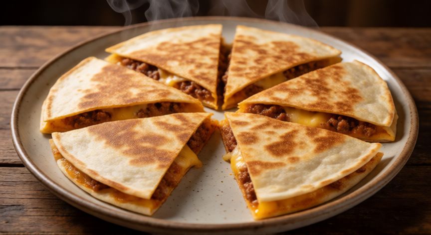 cómo hacer pan quesadilla, Pan quesadilla dorado cortado en triángulos mostrando el relleno de queso y chorizo