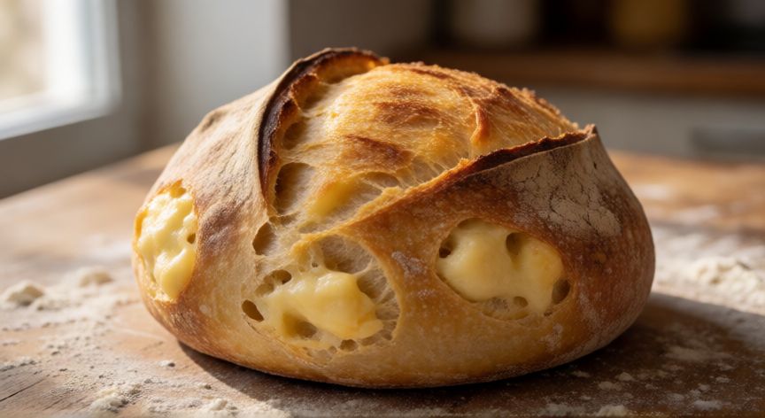 cómo hacer pan queso, Hogaza de pan artesanal con trozos de queso fundido saliendo por los lados sobre una mesa de madera