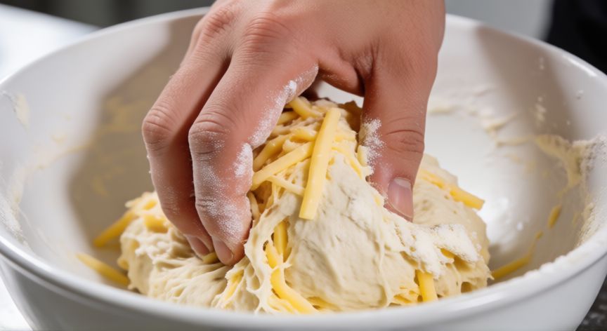 cómo hacer pan queso, Manos amasando masa de pan con trozos de queso visibles en un bol blanco