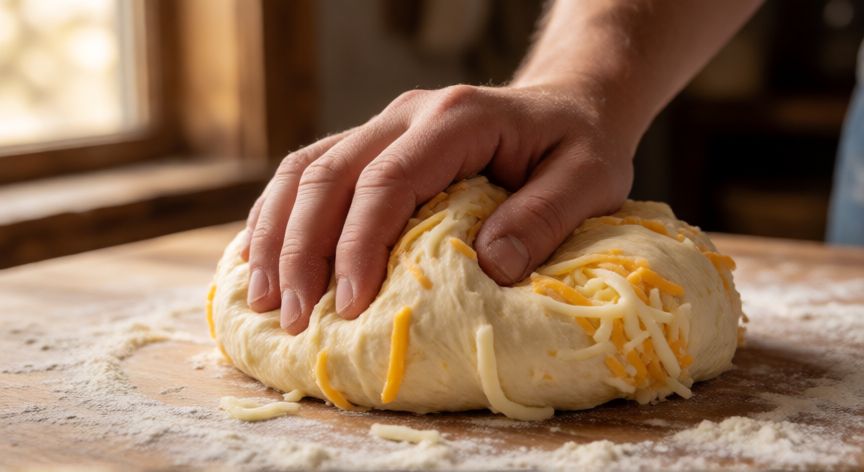 como hacer pan quesu, Manos amasando masa de pan de queso con harina y queso rallado