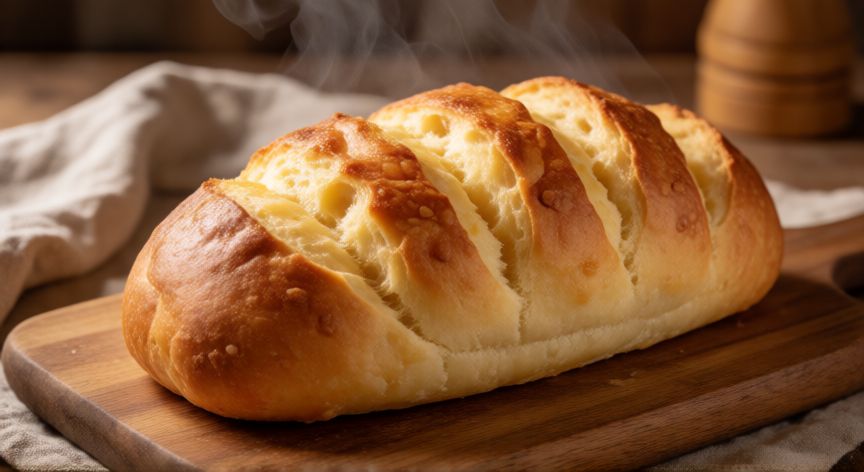 como hacer pan quesu, Hogaza de pan de queso recién horneada con corteza dorada