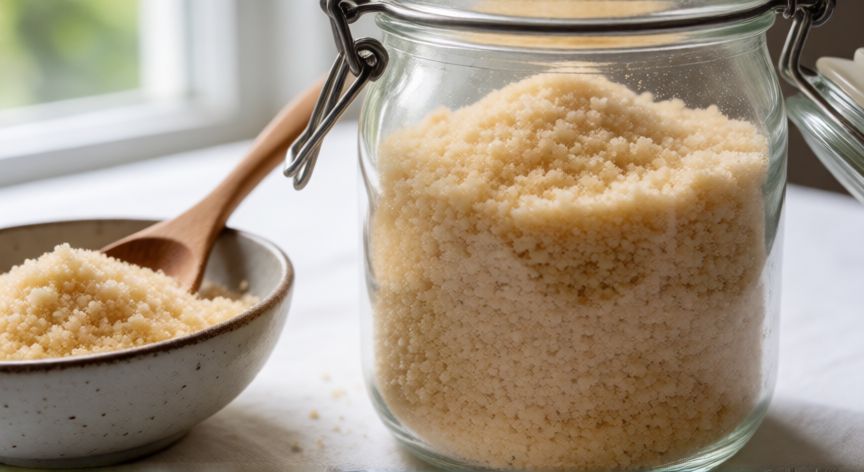 como hacer pan rallado con pan duro, Tarro de cristal con pan rallado casero recién hecho y textura crocante