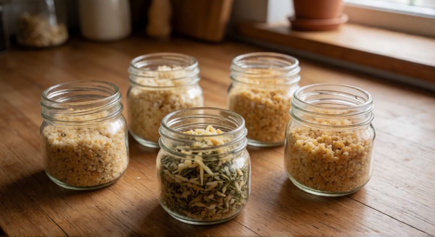 como hacer pan rallado en casa, Tarros de cristal con pan rallado casero con hierbas y especias sobre mesa de madera