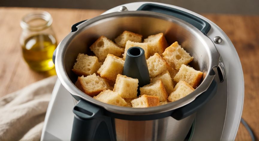 como hacer pan rallado thermomix, Cubos de pan en el vaso de la Thermomix listos para procesar