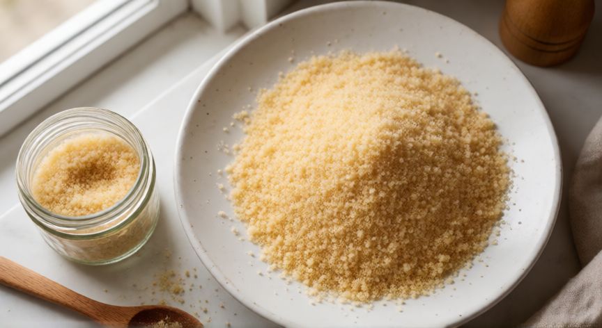 como hacer pan rallado thermomix, Plato con pan rallado casero recién hecho y bote de almacenamiento