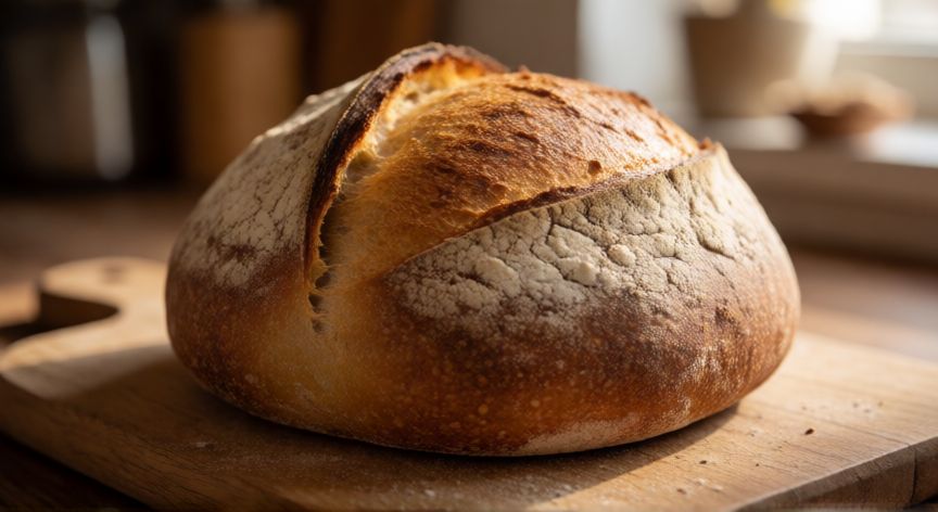 como hacer pan rapido en sarten, Pan artesanal recién hecho con corteza dorada sobre tabla de madera