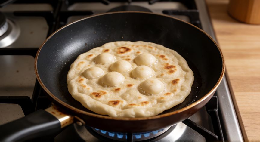 como hacer pan rapido en sarten, Proceso de cocción de un pan plano en sartén con burbujas doradas