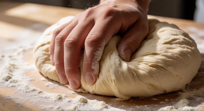 como hacer pan relleno, Manos amasando masa de pan sobre superficie de madera enharinada