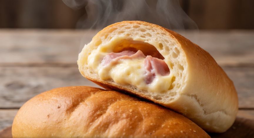 como hacer pan relleno, Pan relleno de jamón y queso cortado mostrando su interior