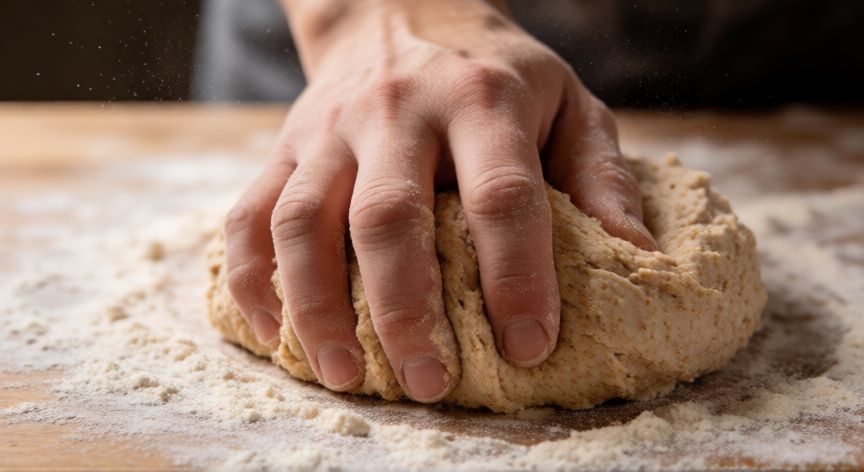 como hacer pan saludable en casa, Manos amasando masa de pan integral sobre una mesa de madera