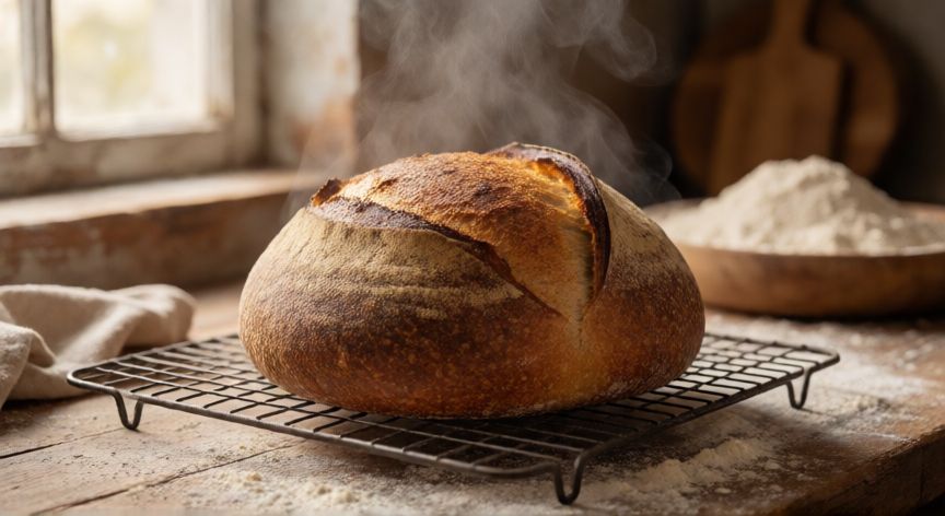 como hacer pan saludable en casa, Hogaza de pan artesano recién horneada con corteza dorada y crujiente