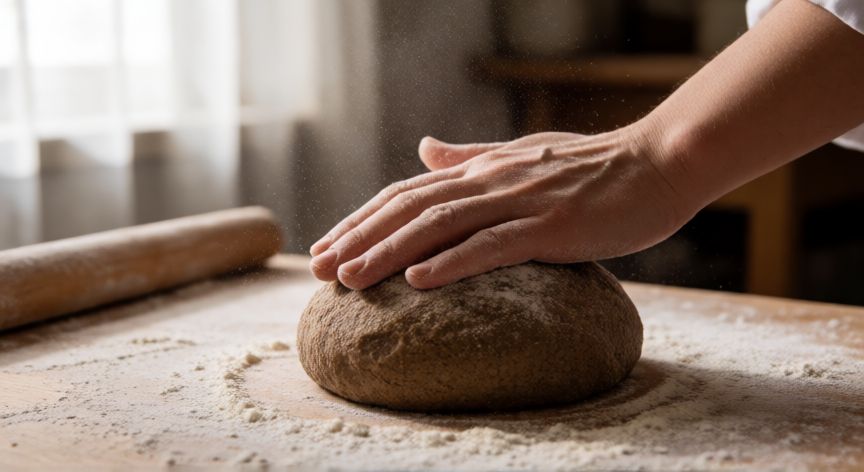 como hacer pan sarraceno en casa, Manos de panadero amasando masa de sarraceno con harina espolvoreada