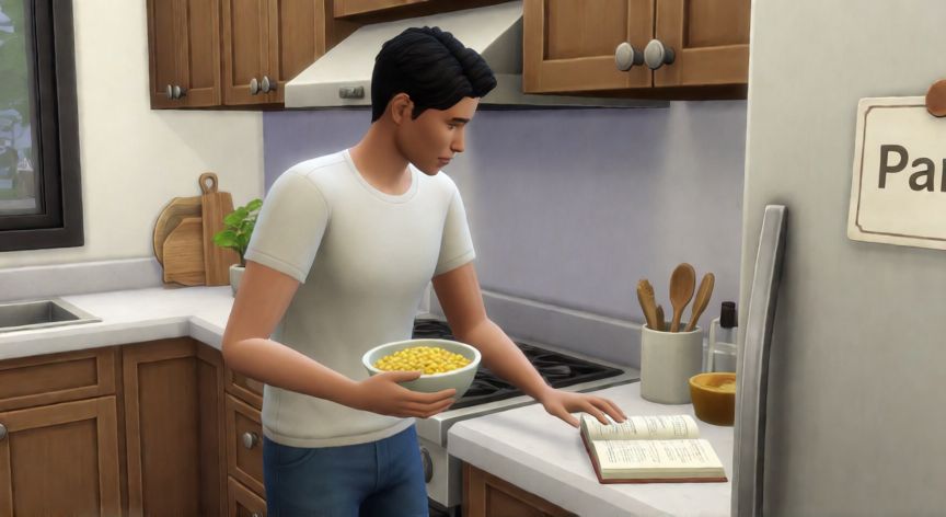 como hacer pan sims 4, Sim preparando ingredientes para hacer pan en la cocina de The Sims 4