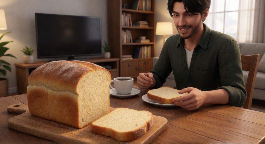 como hacer pan sims 4, Sim disfrutando de una rebanada de pan recién horneado en su salón