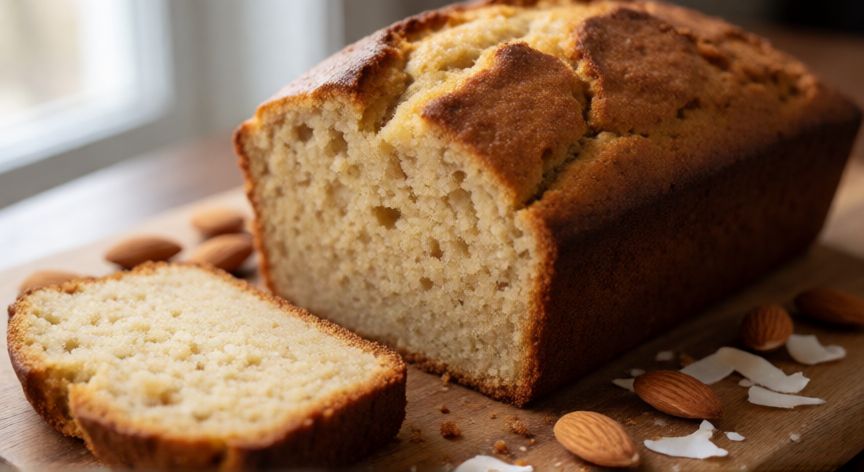 como hacer pan sin carbohidratos, Pan de harina de almendra recién horneado con corte visible