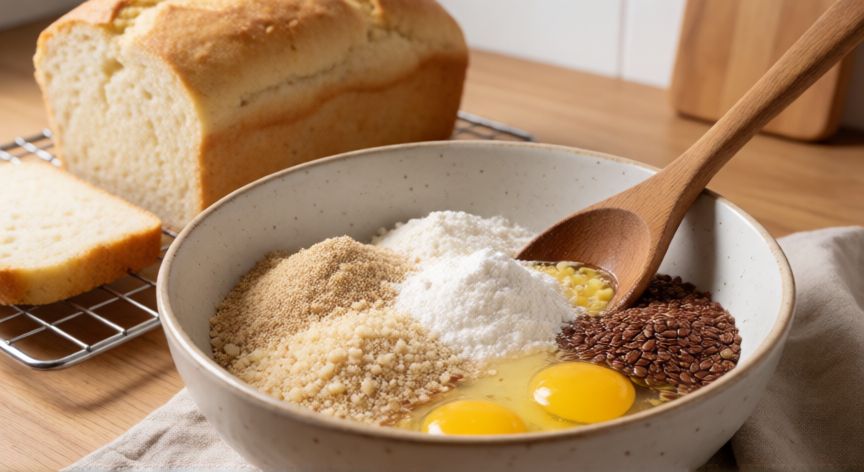 como hacer pan sin carbohidratos, Ingredientes para preparar pan bajo en carbohidratos sobre una mesa de cocina
