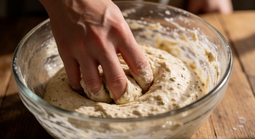 como hacer pan sin gluten en casa, Mezclando masa de pan sin gluten con semillas en un bol de cristal