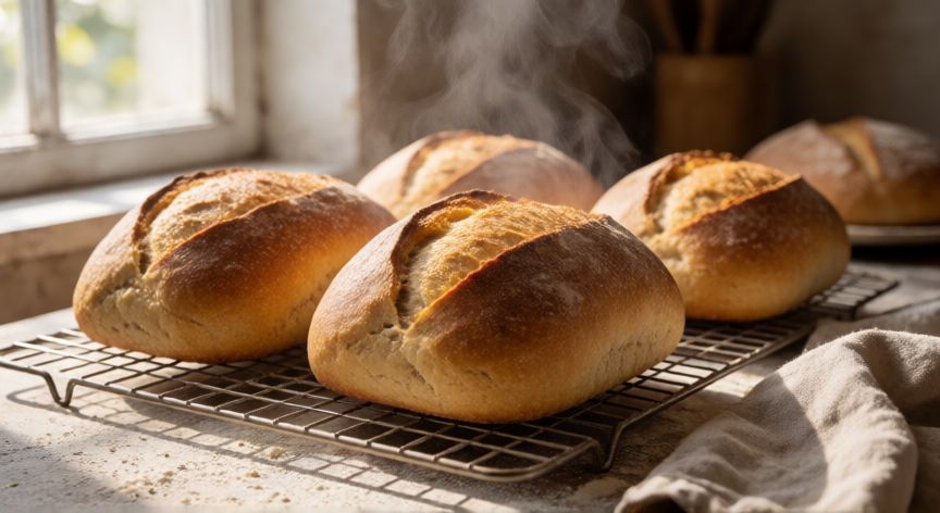 como hacer pan sin gluten en casa, Pan sin gluten recién horneado enfriándose en una rejilla metálica