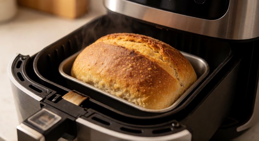 como hacer pan sin gluten en freidora de aire, Pan sin gluten dorado cociéndose dentro de la cesta de una freidora de aire moderna