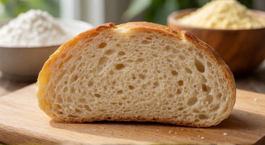 como hacer pan sin gluten en freidora de aire, Rebanada de pan sin gluten mostrando su interior esponjoso y suave sobre tabla de madera