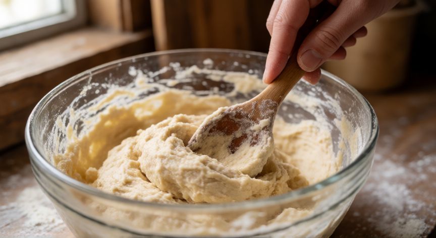 como hacer pan sin gluten esponjoso, Mezclando masa de pan sin gluten en un bol de cristal