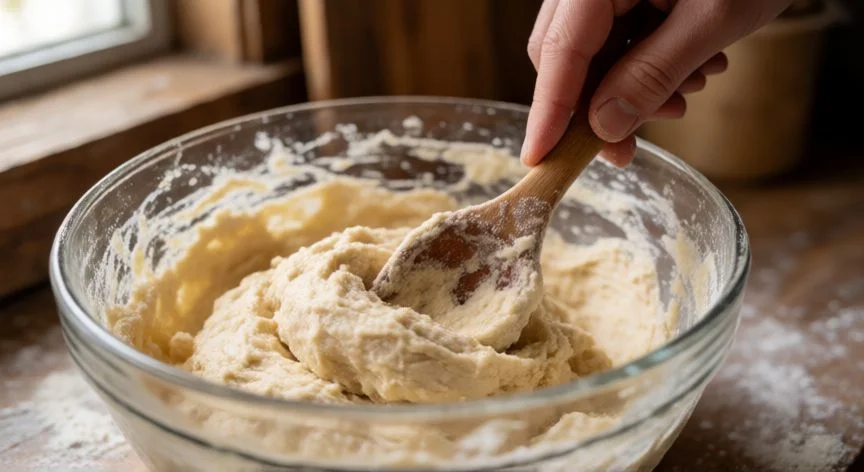 Mezclando masa de pan sin gluten en un bol de cristal