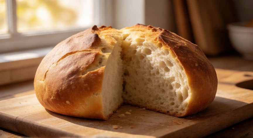 como hacer pan sin gluten esponjoso, Pan sin gluten recién horneado con corteza dorada y miga esponjosa