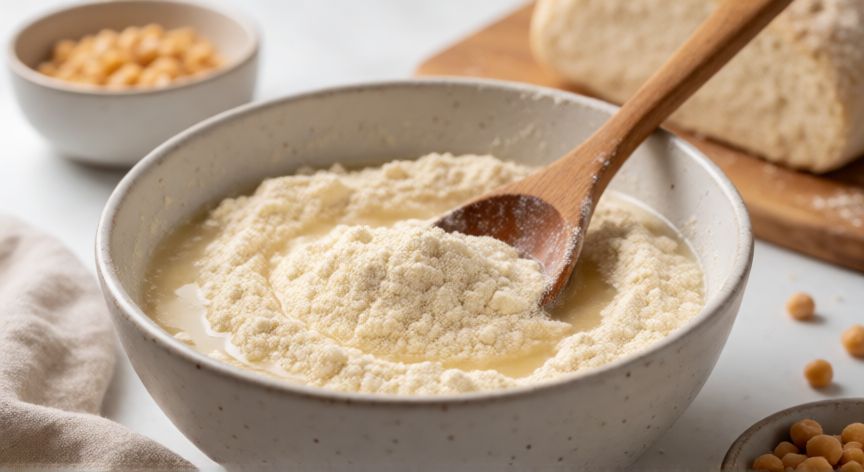 como hacer pan sin harina, Mezcla de harina de garbanzo y aceite en un bol de cerámica para preparar masa